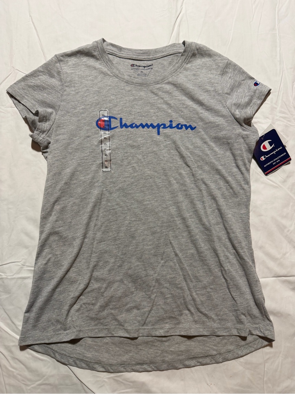 Champion Girls XL Gray Script Logo Graphic T-Shirt Short Sleeve Crew Neck NWT